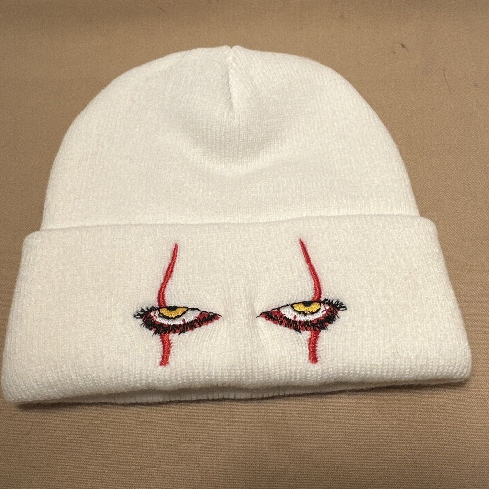 IT Pennywise Embroidered Knitted Cuffed Beanie Scary Clown Eyes Stephen King's